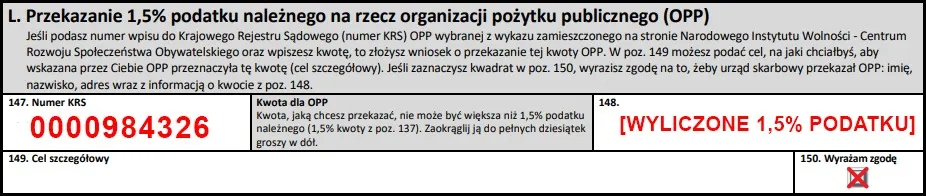 Wzór wypełnienia pola KRS w deklaracji PIT